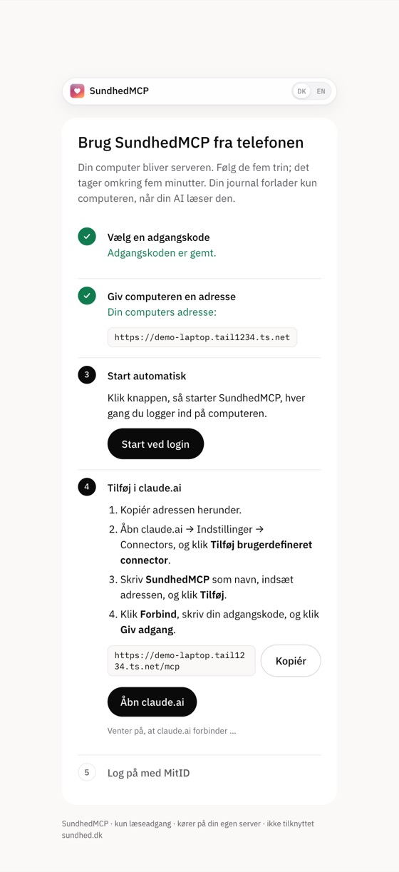 The SundhedMCP guide on the computer with the password, address and claude.ai steps