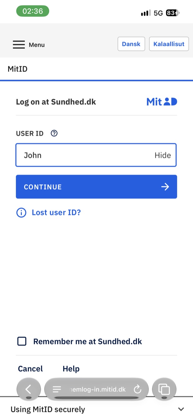The MitID login on NemLog-in: Log on at Sundhed.dk, with a user ID field and a Continue button